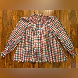 Smock London Women’s Hand Smocked Scholl Blouse Small S Plaid Gingham Shirt Top